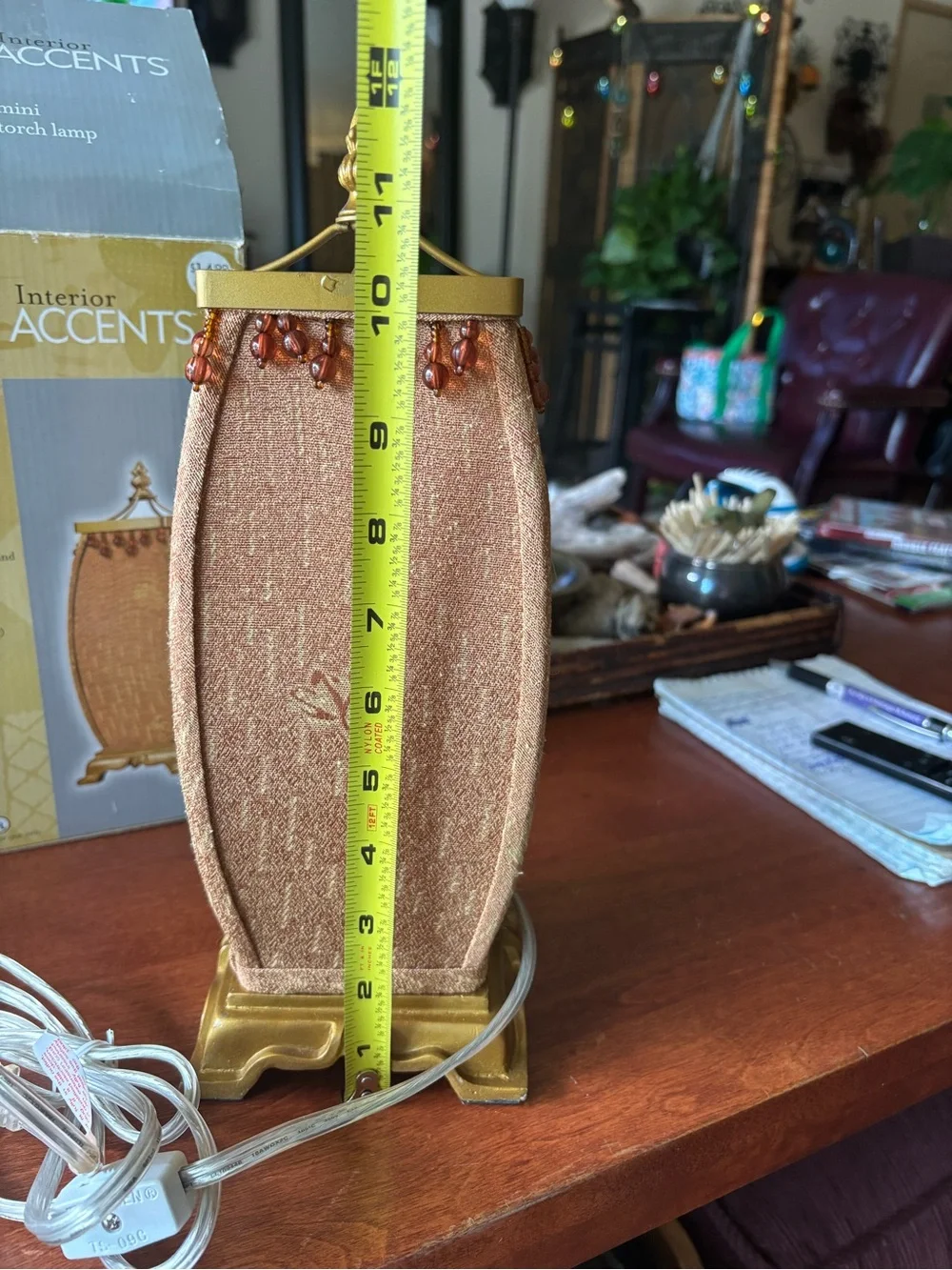 Interior Accents mini torch lamp w distinctive beaded fabric shade & resin base